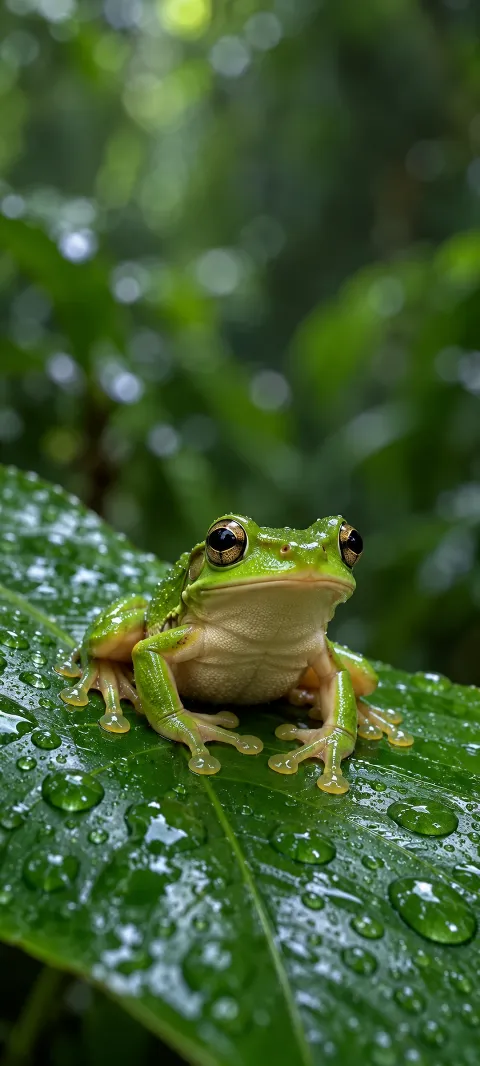 Green frog with golden eyes and rounded toe pads on a leaf dotted with rain.