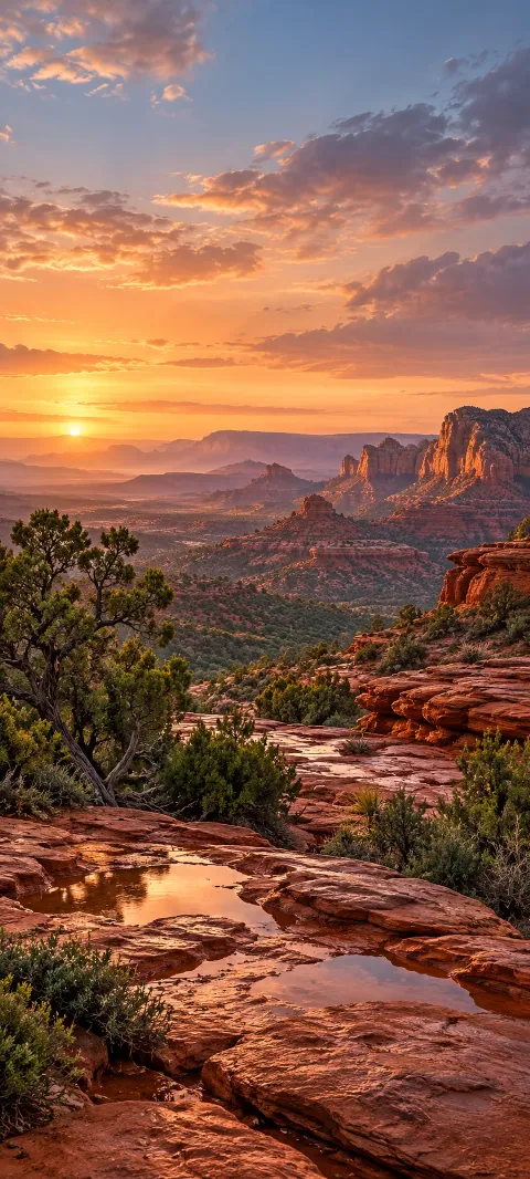 Juniper shrubs and red rock shelves form a quiet red-rock basin.