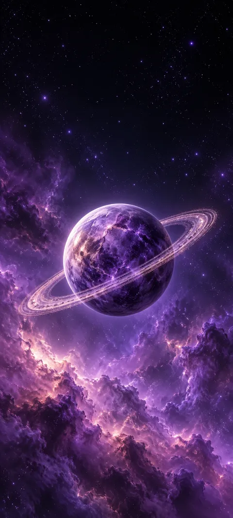 A whole amethyst planet with a tilted ring amid violet cosmic clouds and stars.
