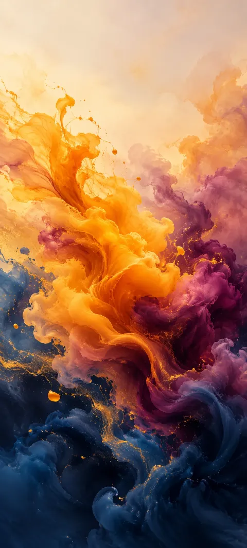 Saffron plumes expand into plum and navy abstract layers.