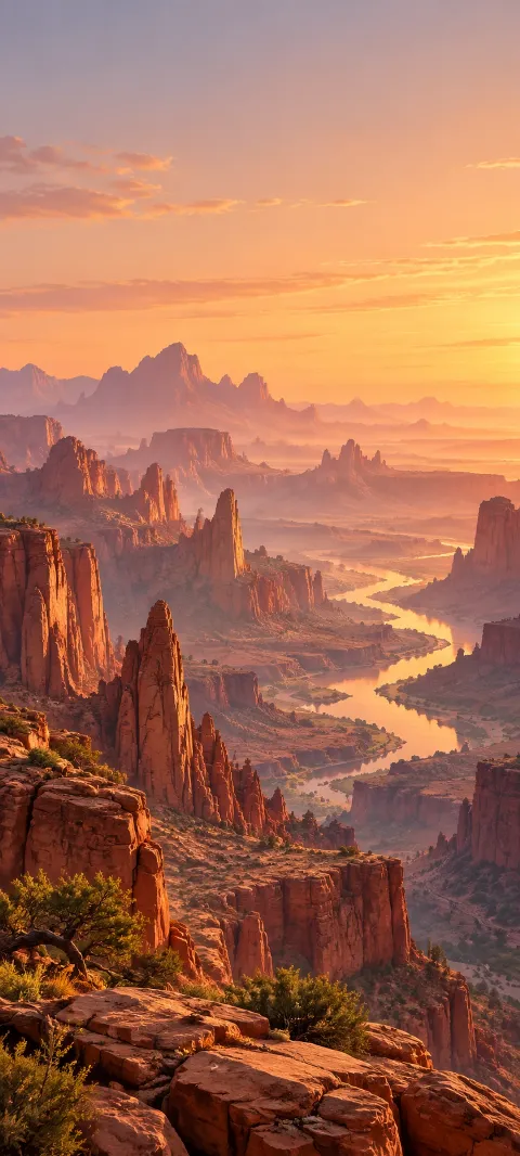 Layered red canyon peaks fading into warm golden distance.