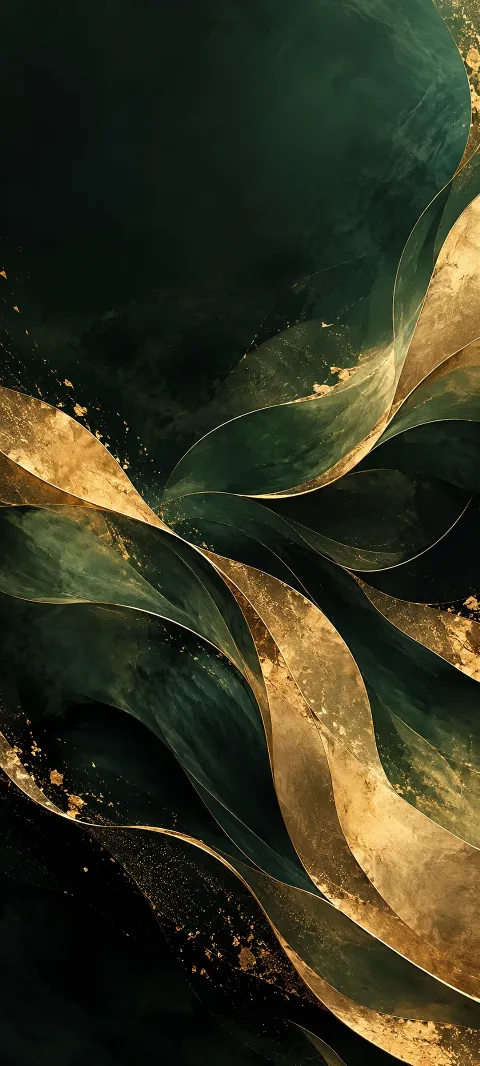Gold leaf-like planes drift over a dark green-black field.