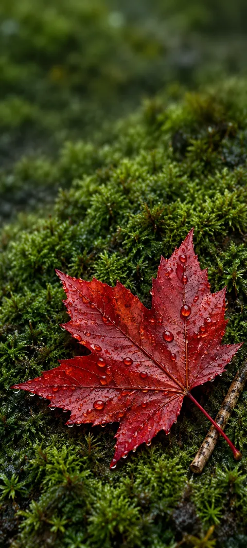 Crimson maple leaf covered in droplets on green moss beside a tan twig.