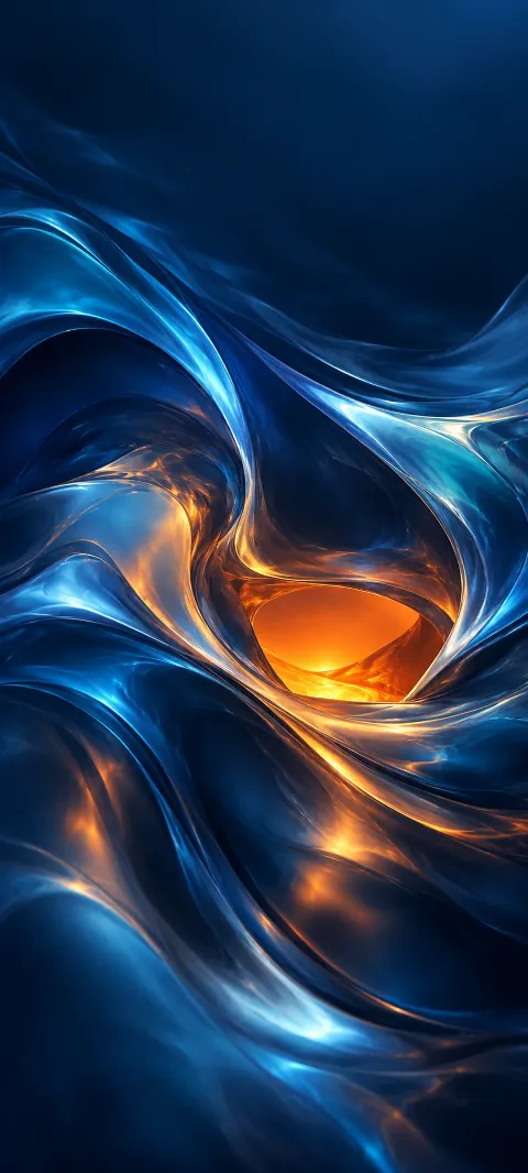 Blue fluid shapes surround a small ember orange glow.