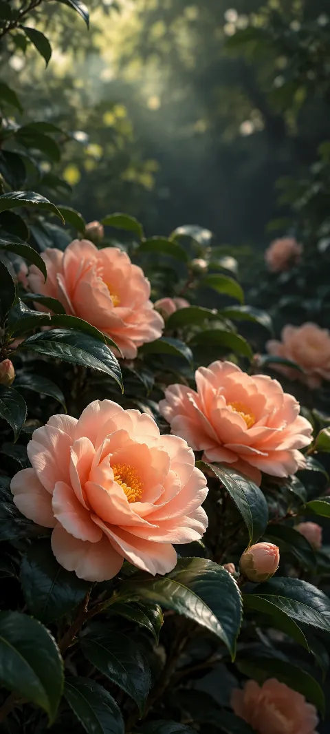 Peach camellia blossoms sit in deep leafy shade.