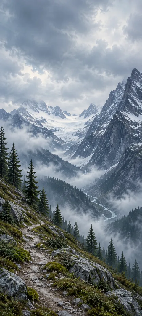 Rocky pine-lined trail overlooking a misty valley and sharp slate mountains with snowfields.