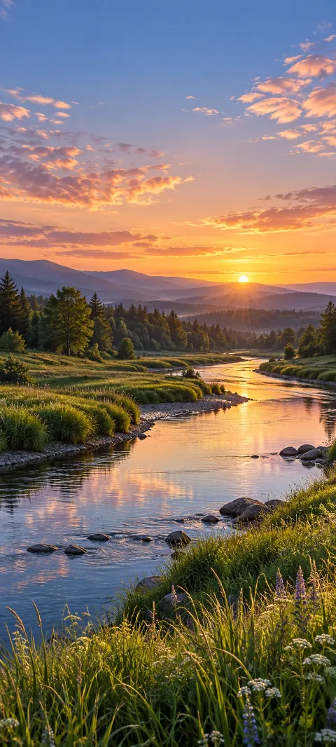 Bluegrass banks curve around a slow river beneath distant trees.