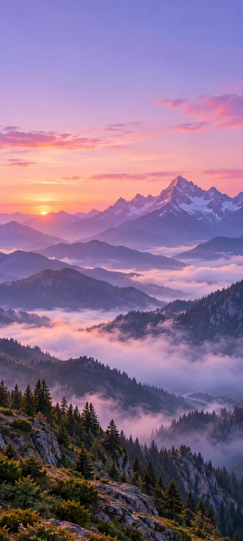 Lavender dawn silhouettes a layered mountain ridge.