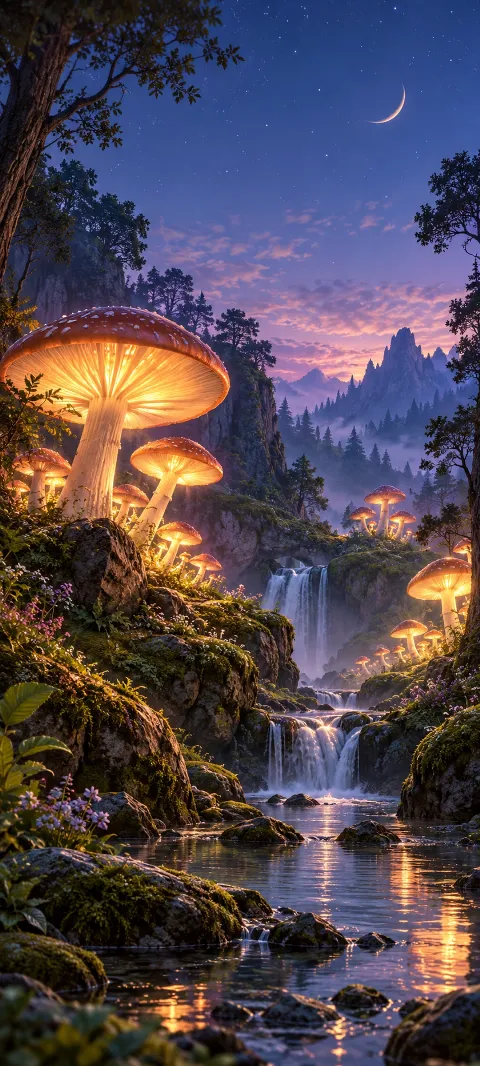 Luminous toadstools line a quiet forest glen.