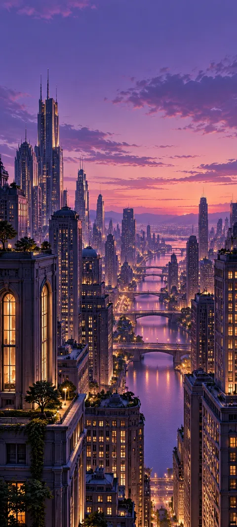 Violet dusk settles between buildings and glowing windows.