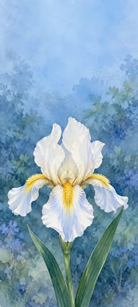 A whole white iris with golden beards and long green leaves against blue.