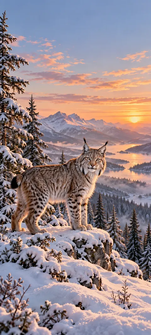 A lynx watches from a snowy spruce edge.