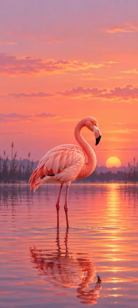 A pink flamingo and its reflection in shallow rose water at sunset.