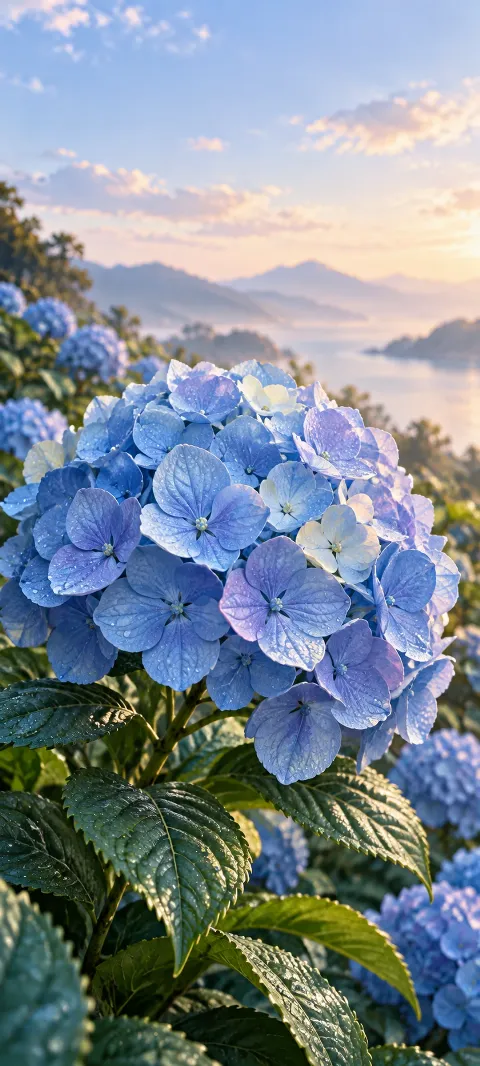 A blue hydrangea cluster fills the center.
