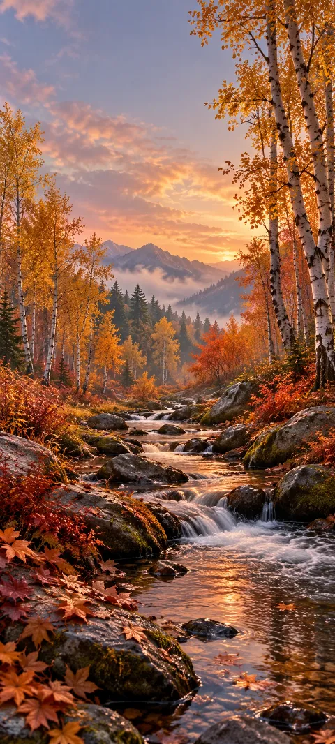A narrow stream winds between amber birches and russet leaves.