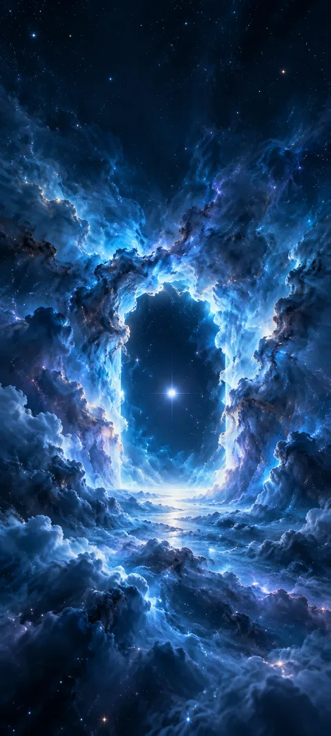Blue nebula clouds form a doorway toward a tiny white star.