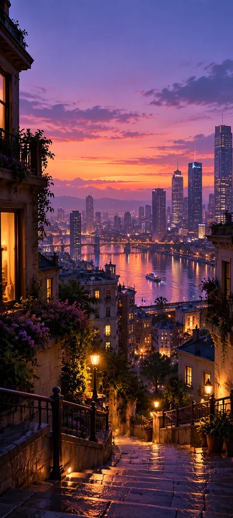 Violet dusk settles between buildings and glowing windows.