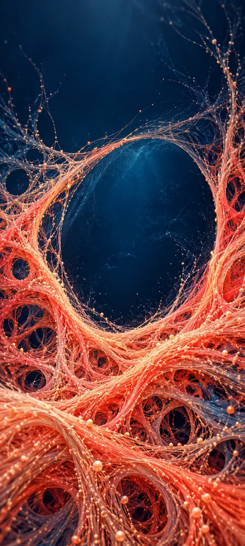 A glowing coral fiber lattice framing an indigo oval opening against deep blue.