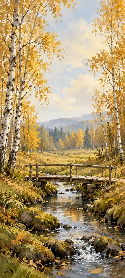 Wooden footbridge over a small stream in a golden birch meadow.