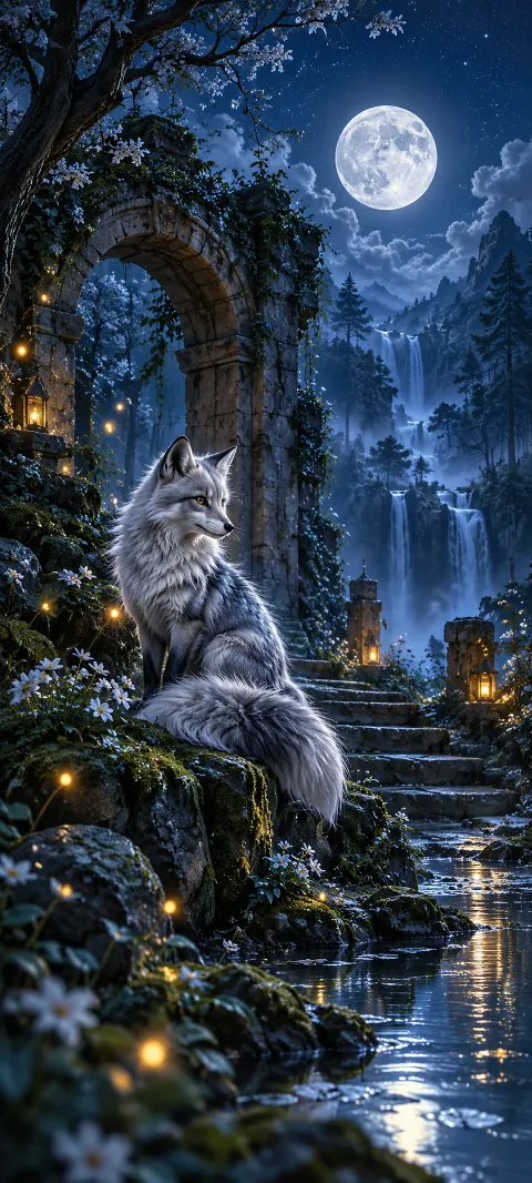 A silver fox pauses beside a stone shrine.