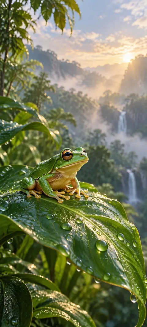 A green tree frog sits on a rain-bright leaf.