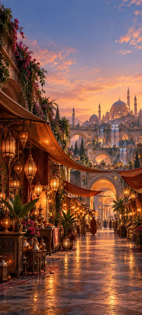 An imagined market arcade glows beneath copper awnings.