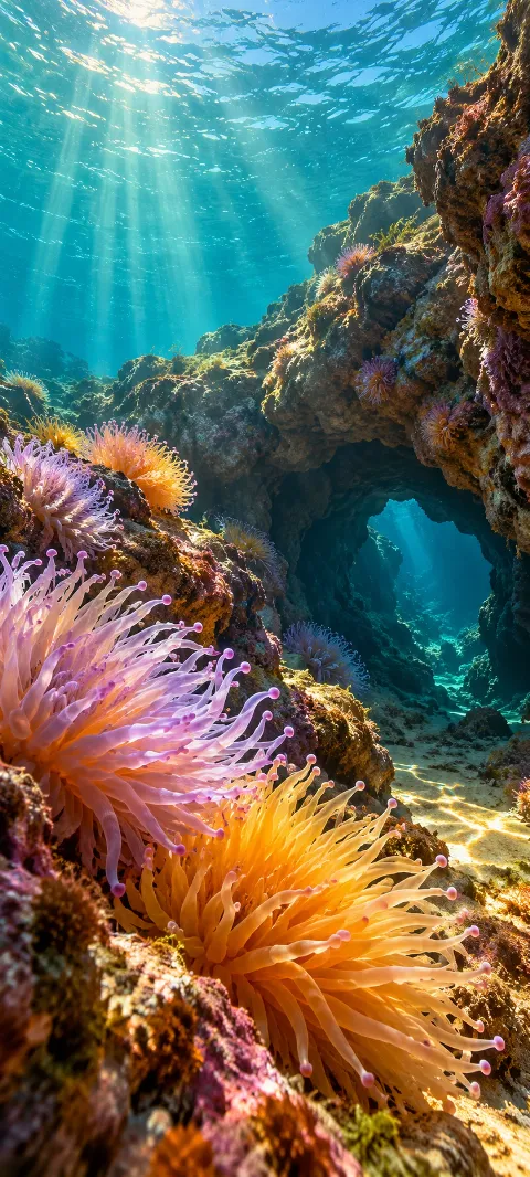 Lilac and amber anemones border a rocky underwater hollow in sunlit turquoise water.