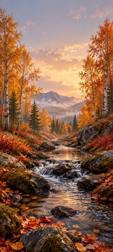 A narrow stream winds between amber birches and russet leaves.
