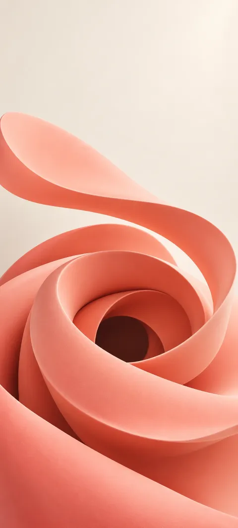 Matte coral sculptural ribbon curling around a dark opening on ivory.