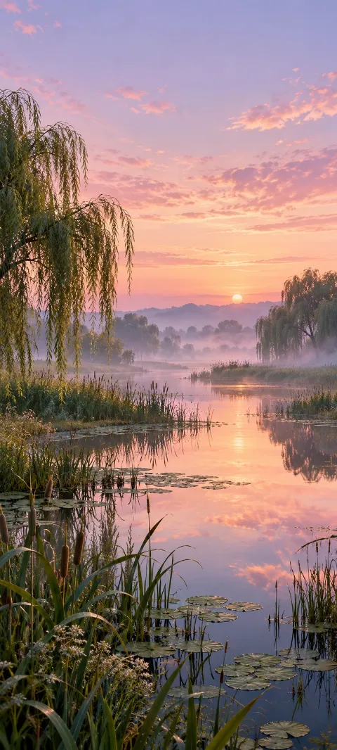 Willows and reeds frame a pink marsh reflection at sunset.
