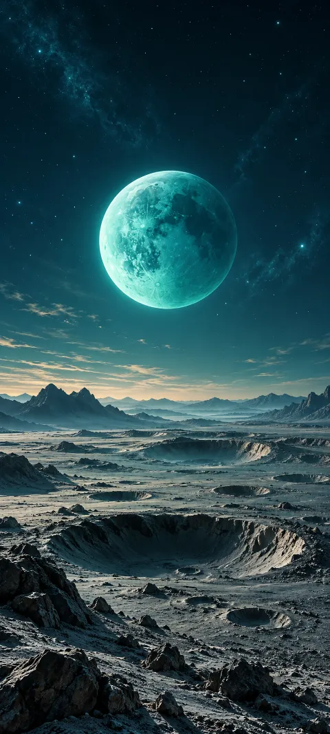 A teal moon hangs above a cratered alien plain.