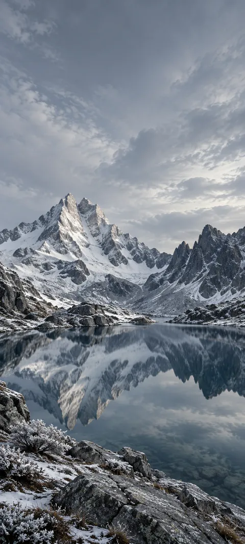 Snowy mountain peaks reflected in a calm alpine lake with frosted rocks in front.