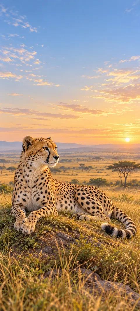 Cheetah resting on a grassy mound with upright head, visible forepaws and curved tail at sunrise.