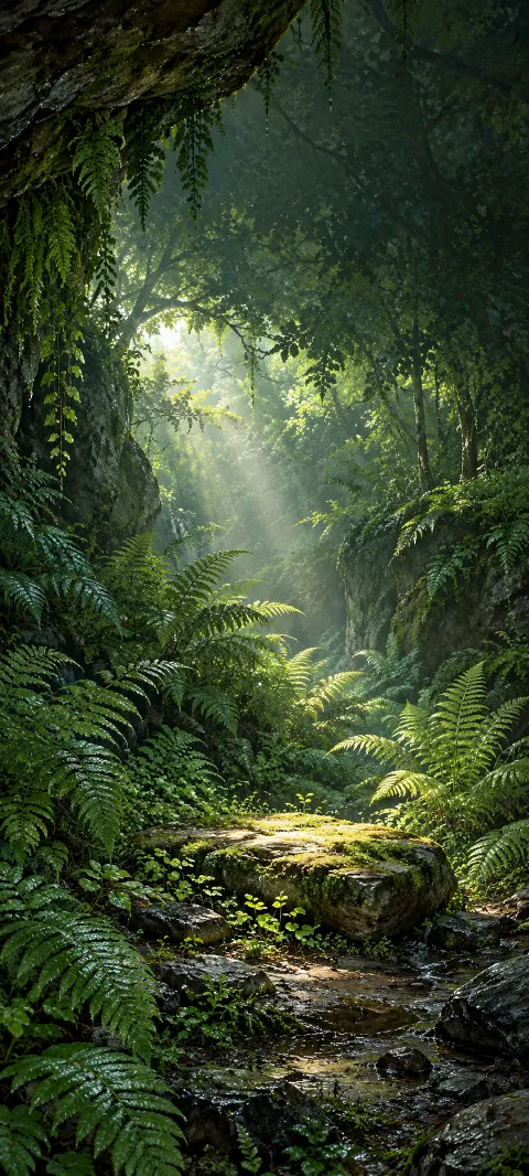 Sunlit mossy stone amid dense ferns beneath a damp rock overhang.