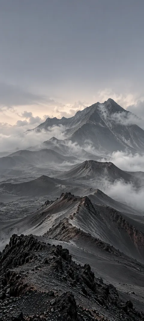 A charcoal volcanic ridge fades through ash-gray air.