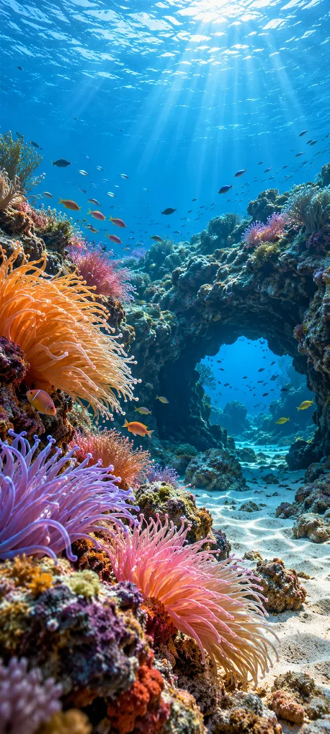 Colorful anemones sway beside a rocky underwater hollow.