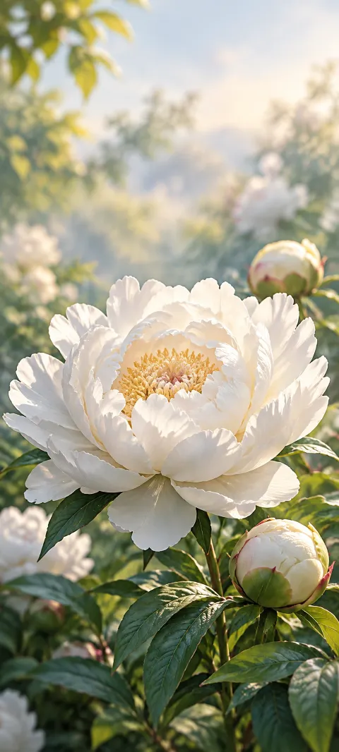 A white peony opens in soft diffuse garden light.