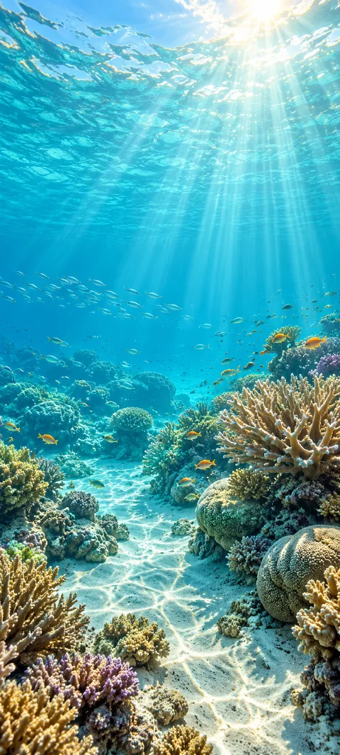 Sunlight reaches a coral lagoon with small fish.