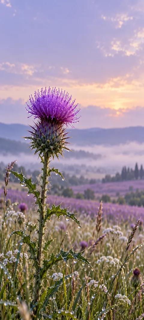 A purple thistle rises against a pale field.