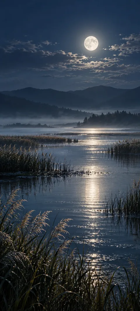 Tall reeds ring a quiet lagoon beneath a cool moonlit sky.