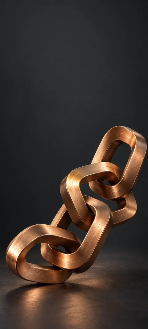Interlocked brushed copper loops rise diagonally against a dark graphite background.