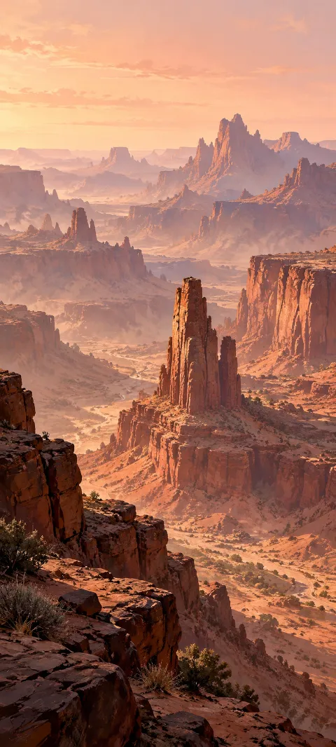 Red sandstone spires rise through peach haze beyond a dark foreground ledge.