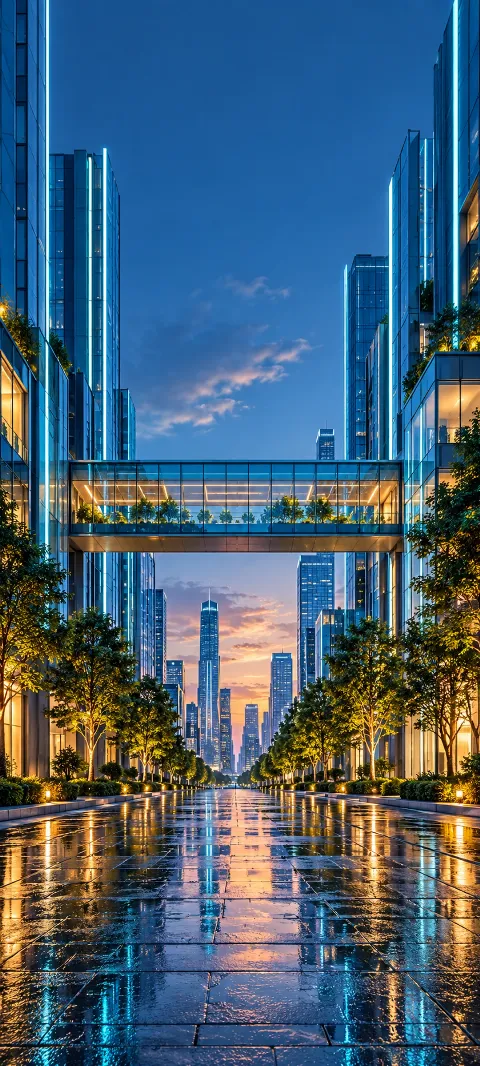 A glass skywalk links slender buildings above a tree-lined street.