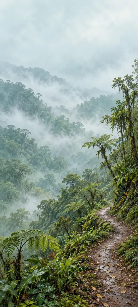 Narrow forest path with tree ferns overlooking misty green ridges.
