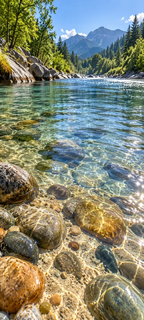 Clear river water flows over rounded stones.