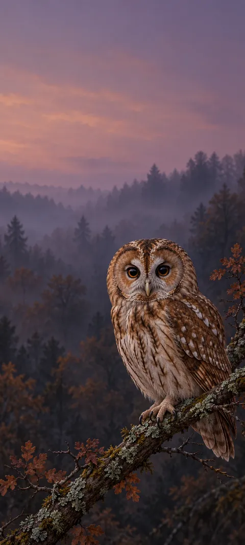 A tawny owl with amber eyes perched on a lichen-covered branch before a dusky woodland valley.
