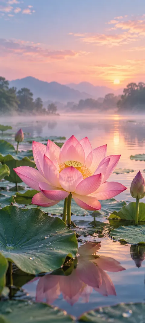 A pink lotus floats above quiet water and round leaves.