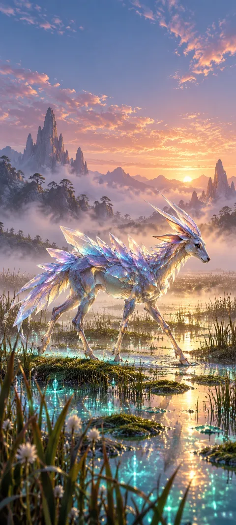 A crystal-backed creature crosses a glowing marsh.
