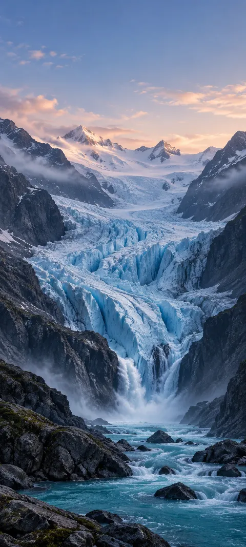 A blue glacier descends between dark mountain walls.