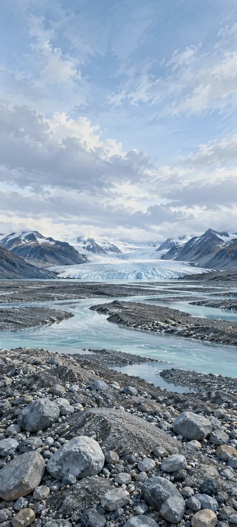 Turquoise meltwater channels through gravel toward a distant white glacier.